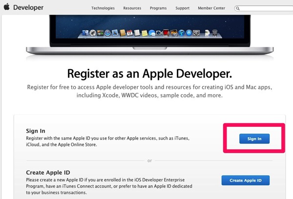 Apple Developer Registration  サインイン画面