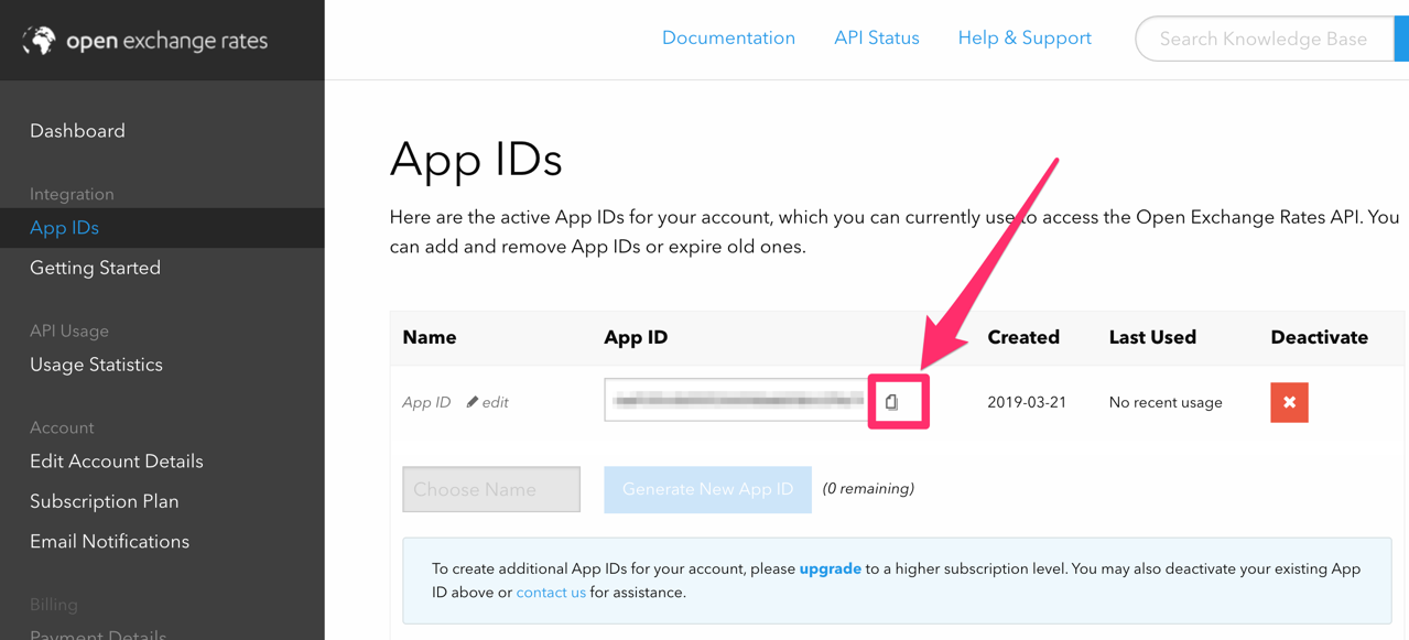 App IDs Open Exchange Rates Dashboard